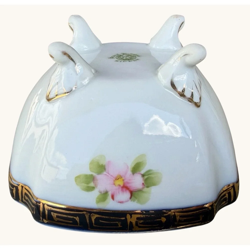 Antique Nippon Powder Jar- Morimura Wreath- Footed Porcelain Trinket Box Cobalt